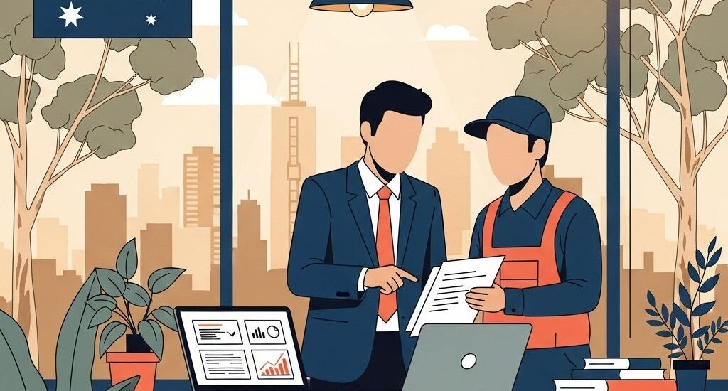 Australian employer and sponsored worker reviewing employment contract in office, illustrating genuine employer sponsorship relationship for 482 and 186 visa applications