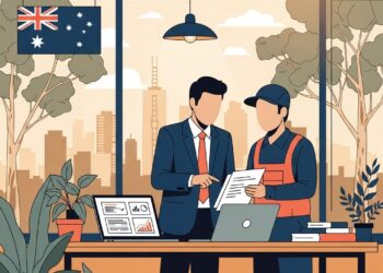 Australian employer and sponsored worker reviewing employment contract in office, illustrating genuine employer sponsorship relationship for 482 and 186 visa applications