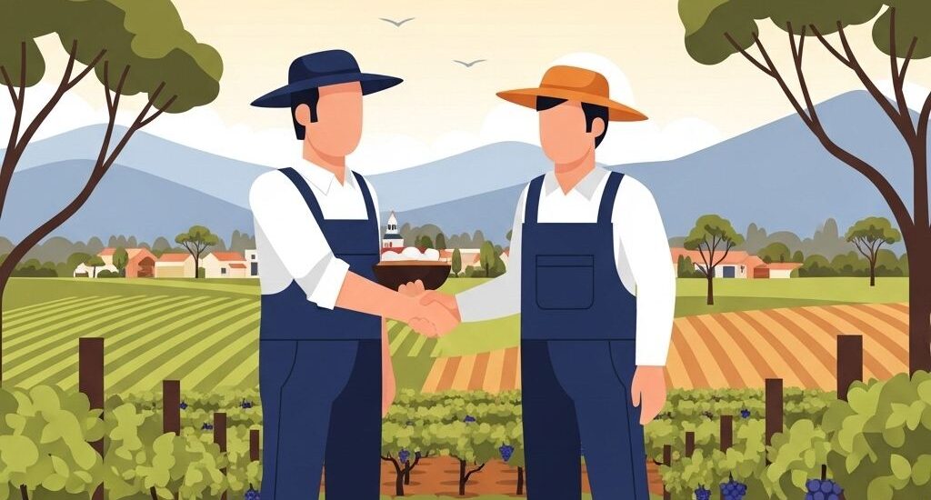Illustration of regional farm workers partnership in Australian vineyard, representing 494 regional employer sponsored visa opportunities in agriculture sector