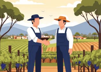 Illustration of regional farm workers partnership in Australian vineyard, representing 494 regional employer sponsored visa opportunities in agriculture sector