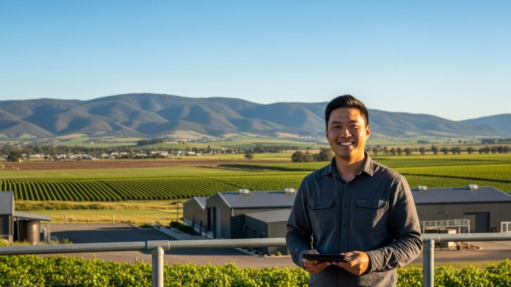 Happy Asian agricultural manager with tablet at Australian regional farm with mountain views, representing 494 regional employer sponsored visa opportunities in agriculture and regional areas