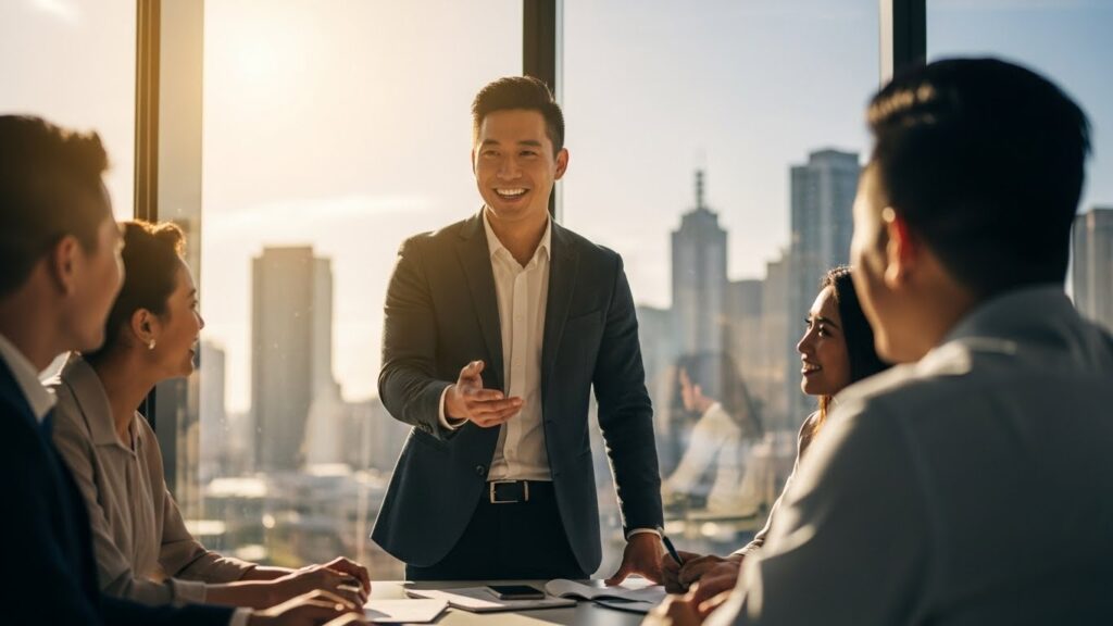 Asian business manager leading professional team meeting in modern Australian corporate office during golden hour, showcasing career advancement through employer sponsorship pathway