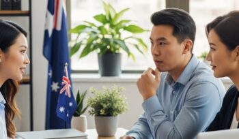 Professional MARA registered migration consultants discussing 482 and 186 employer sponsored visa options with Asian clients in Australian office with national flag