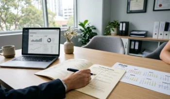 Businessman filling out a client checklist on a desk with a laptop and calendar