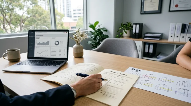 Businessman filling out a client checklist on a desk with a laptop and calendar