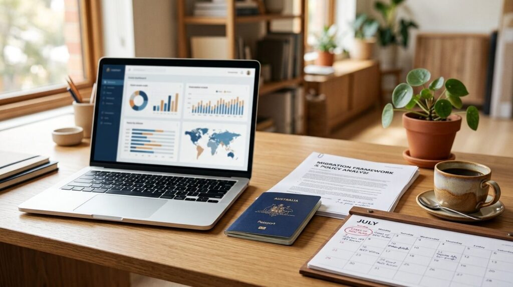 Laptop on a wooden desk with analytics dashboard, Australian passport, calendar, and coffee cup in a home office setting