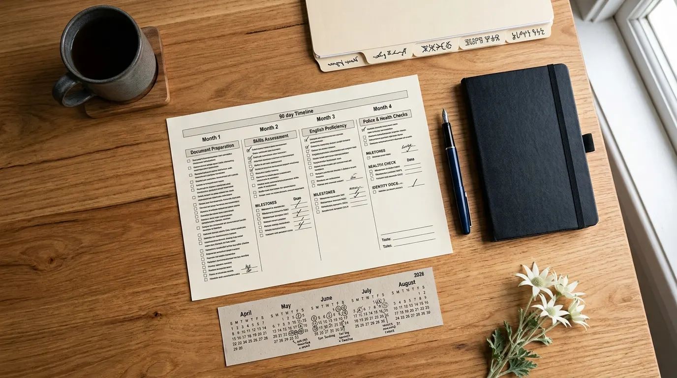 A 90-day timeline plan on a wooden desk with a notebook, pen, calendar, and cup of coffee