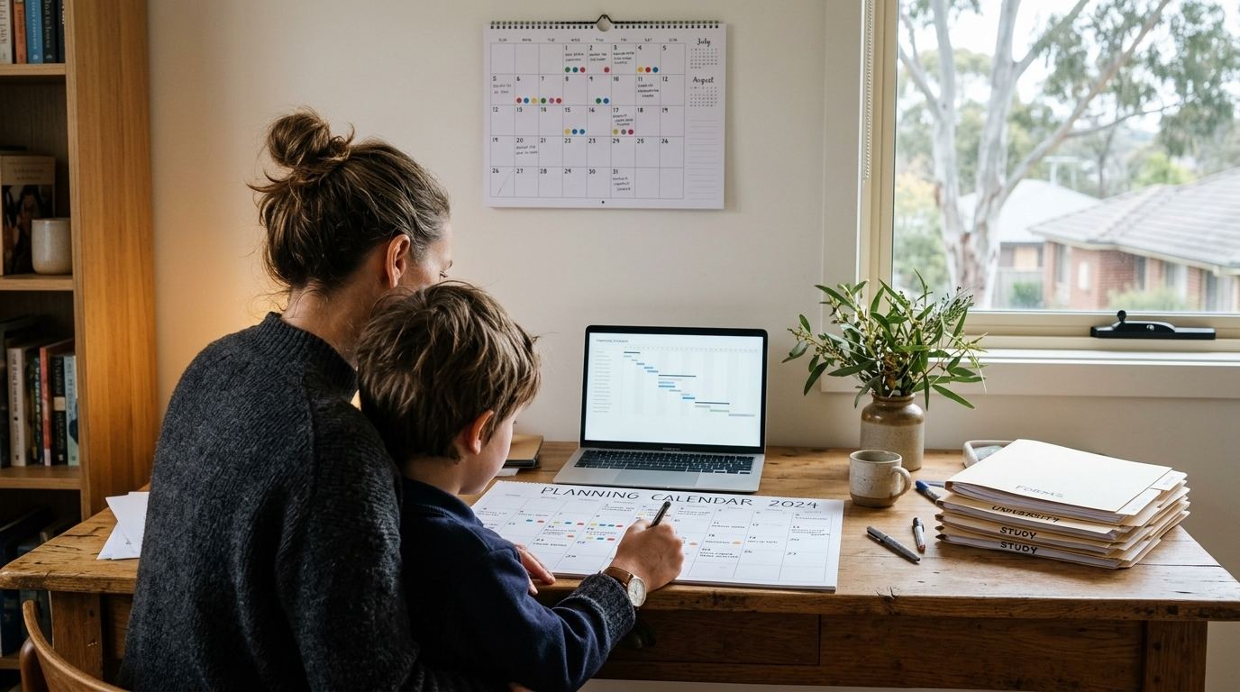A mother and son sit together at a wooden desk, reviewing a 2024 planning calendar and laptop screen.