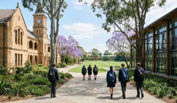 Students in blue uniforms walk along a paved path on a sunny university campus with sandstone buildings and purple jacaranda trees.