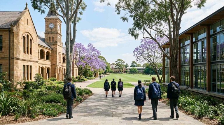 Students in blue uniforms walk along a paved path on a sunny university campus with sandstone buildings and purple jacaranda trees.