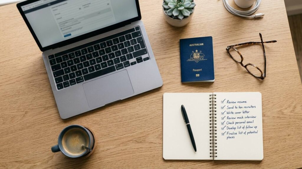 An Australian passport lies on a desk beside a printed job search checklist, a notebook and a pen.