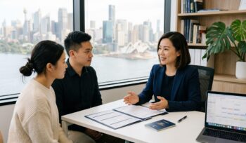 Asian couple consulting with immigration lawyer in Sydney office with passports and documents on desk