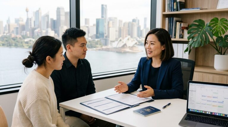 Asian couple consulting with immigration lawyer in Sydney office with passports and documents on desk