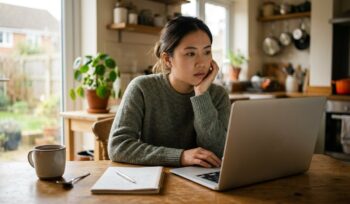 An Asian woman in a casual jumper sits at her kitchen table at home in the morning, looking at her laptop with a mug of tea and a notebook beside her.