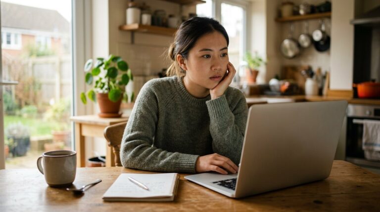 An Asian woman in a casual jumper sits at her kitchen table at home in the morning, looking at her laptop with a mug of tea and a notebook beside her.