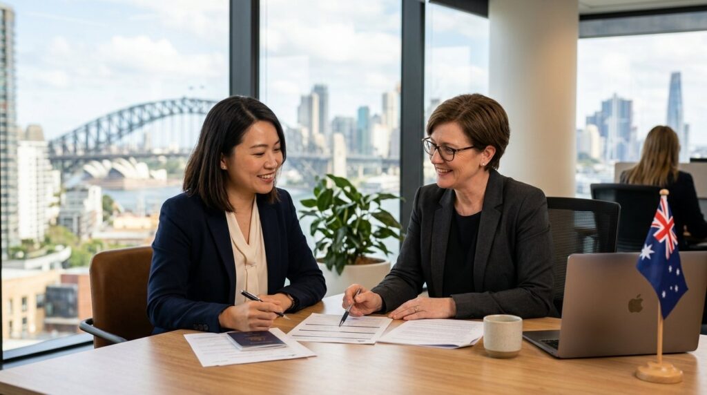 Two businesswomen smiling and signing documents at a desk with a view of the Sydney Harbour Bridge.