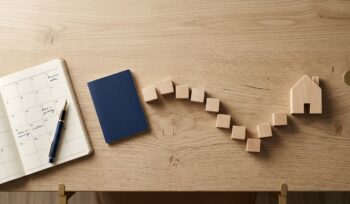 A wooden house model sits at the end of a winding path made of small wooden blocks on a desk.