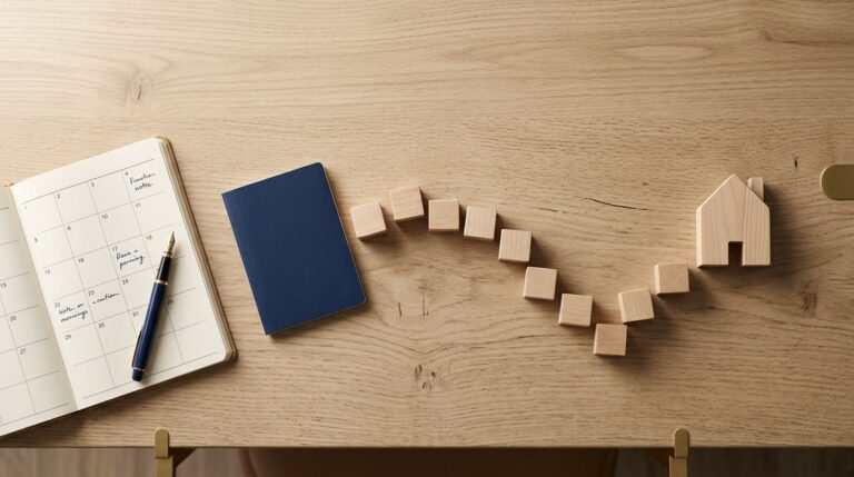 A wooden house model sits at the end of a winding path made of small wooden blocks on a desk.