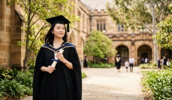 A female graduate in a university gown holds her diploma outside a sandstone Australian university building.