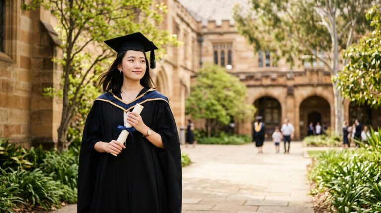 A female graduate in a university gown holds her diploma outside a sandstone Australian university building.