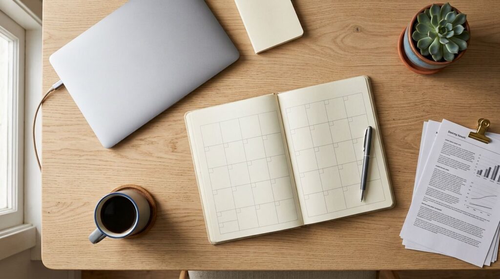 An open notebook and pen on a wooden desk beside a laptop and a cup of coffee in warm morning light.