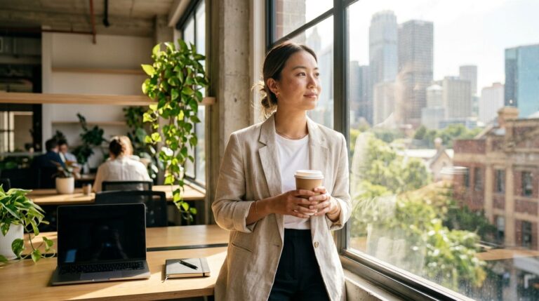 A young businesswoman holding a coffee gazes out of a city window in a bright modern office.