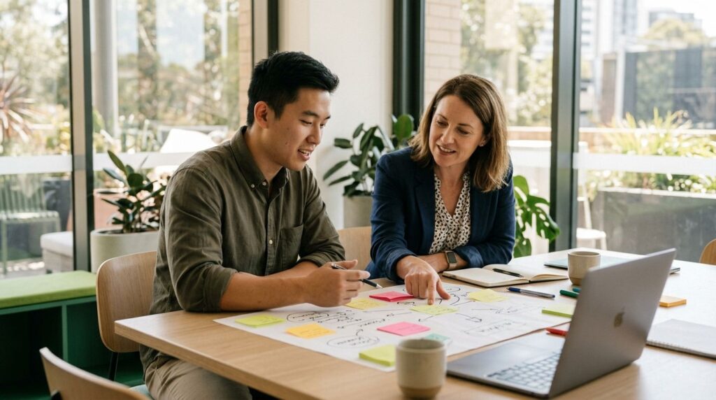 Colleagues review a sticky-note flowchart together in a bright office.